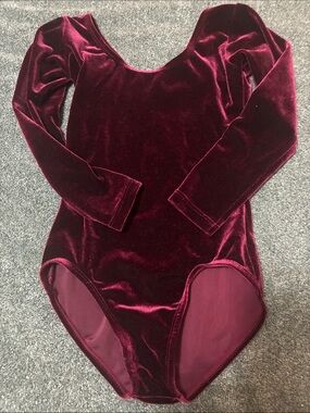 Girls Long Sleeve Velvet Leotard - Burgundy